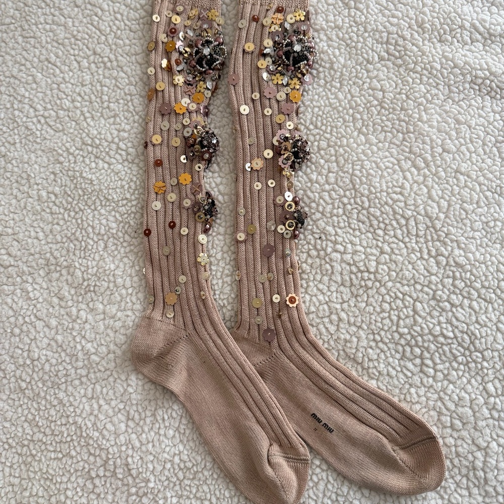 Miu Miu Sparkling Tan Knee-High Socks - Picture 9 of 11